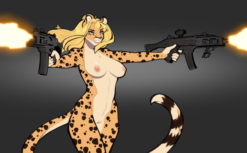 2023 5_fingers anthro black_background black_spots blonde_hair blue_eyes breasts cheetah exposure_variation felid feline female fingers firing_weapon fur genitals gun hair holding_gun holding_object holding_weapon lena_fluffy_(character) mammal medium_breasts muzzle_flash ni70 nipples nude pink_nipples pussy ranged_weapon simple_background solo spots spotted_body spotted_fur standing weapon yellow_body yellow_fur