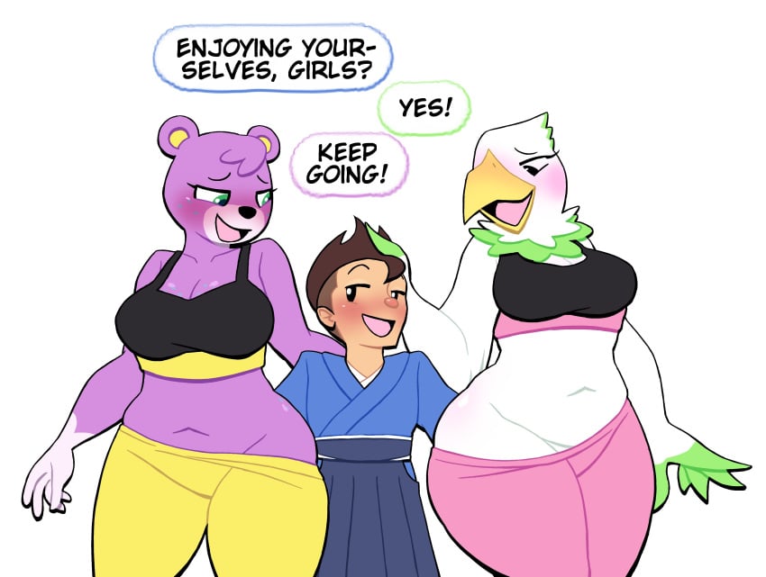 1boy 2girls accipitrid accipitriform animal_crossing anthro bear bigger_female celia_(animal_crossing) english_dialogue english_text female fingering fingering_ass fingering_from_behind fingering_partner fingering_through_clothes human human_on_anthro larger_anthro larger_female lovetopullmicke male megan_(animal_crossing) navel nintendo shorter_male smaller_male taller_girl villager_(animal_crossing)