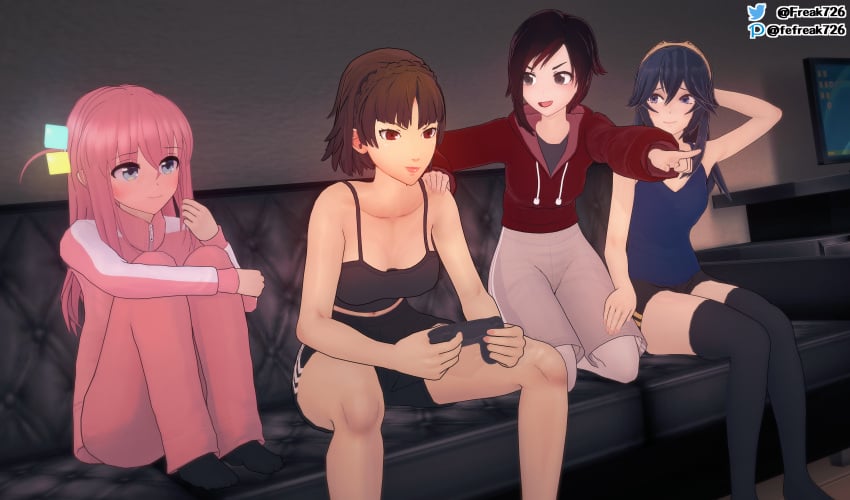 3d 3d_(artwork) 3d_model 4girls atlus black_bra black_couch black_hair black_legwear black_shoes black_shorts blue_clothing blue_hair bocchi_the_rock! bottomwear bra breasts brown_hair clothed clothing couch crossover cute eastern_and_western_character electronics fefreak726 female female_only fire_emblem fire_emblem_awakening footwear game_controller gaming gaming_controller gotou_hitori group hair_ornament human inside legwear light-skinned_female light_skin lucina_(fire_emblem) makoto_niijima monitor nintendo on_couch pale_skin persona persona_5 pink_clothing pink_hair playing_videogame red_clothing red_eyes ruby_rose rwby shoes shorts sweater topwear twitter_logo twitter_username white_legwear wholesome