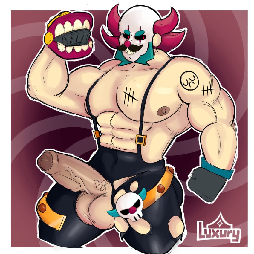 1boy abs arms_up balls bara big_dick big_penis braces brawl_stars clothing clown daddy dark_clown_sam_(brawl_stars) dick facial_hair gay gay_male genitals gloves luxury_ar male male_only muscle_man muscles muscular muscular_male nipples pants penis penis_out red_eyes red_hair sam_(brawl_stars) scar shirtless solo solo_male tattoo thick_thighs thighs torn_clothes veins veiny_penis