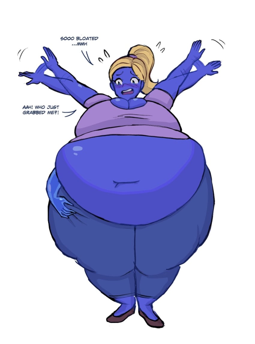 2girls ass_expansion belly_expansion big_belly big_breasts big_thighs blonde_hair blue_eyes blue_skin blue_slime blueberry_inflation breast_expansion cleavage hand_on_thigh human inflation jeans navel ponytail purple_shirt sile2011 slime slime_girl tagme