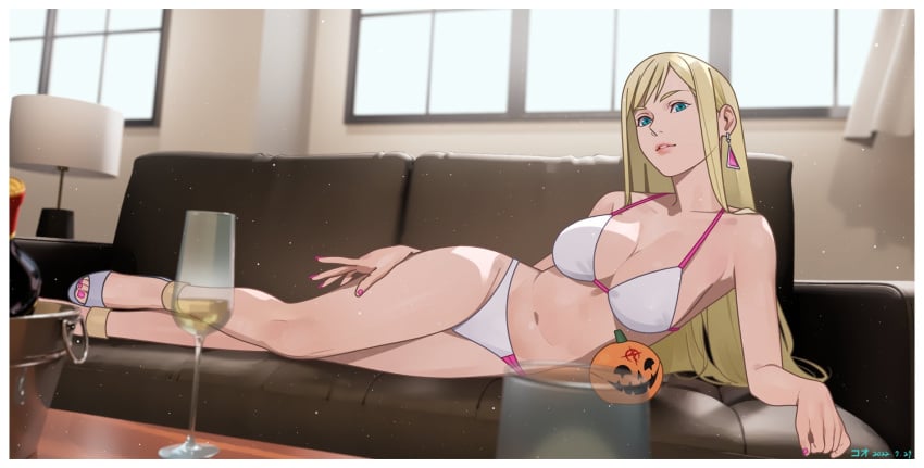 1girl 1girls bikini blonde_hair blonde_hair_female blue_eyes champagne couch david_huang davidhuang701 earrings feet female_focus gigi_andalusia gundam gundam_hathaway's_flash halloween jack-o'-lantern jewelry light-skinned_female long_hair lying_on_couch pin_up posing posing_for_the_viewer pumpkin sole_female swimsuit thin_female thin_waist toes