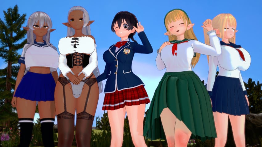 1girls 3d 4futas big_breasts blue_eyes blush breasts cleavage clothed clothing curvy dark-skinned_futanari dark_skin elf elf_ears female funou_(futanari_no_elf) futanari futanari_no_elf green_eyes hi_res interspecies light-skinned_futanari light_skin long_hair mara_(futanari_no_elf) revealing_clothes simple_background tansho_(futanari_no_elf) umanami_(futanari_no_elf) wide_hips yellow_eyes yuri_(futanari_no_elf) zigstar/nes