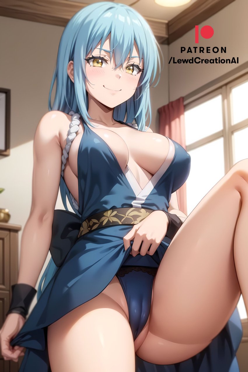 ai_generated armpit armpit_crease armpits big_breasts blue_dress blue_eyes breasts breasts_out cameltoe cleavage dress dress_lift from_below golden_eyes highs leg_up lewdcreationsai lifting_skirt looking_at_viewer looking_down nipples nipples_visible_through_clothing panties rimuru_tempest showing_pussy smirk solo t that_time_i_got_reincarnated_as_a_slime thick thick_ass thick_thighs thighs yellow_eyes