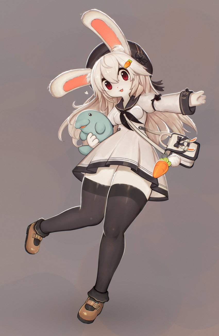 1girls absurd_res anthro carrot_hair_ornament dress female female_only fur grey_background handbag lagomorph leporid long_hair looking_at_viewer plushie rabbit_ears red_eyes smiling smiling_at_viewer soda_uyu solo stockings white_fur white_hair