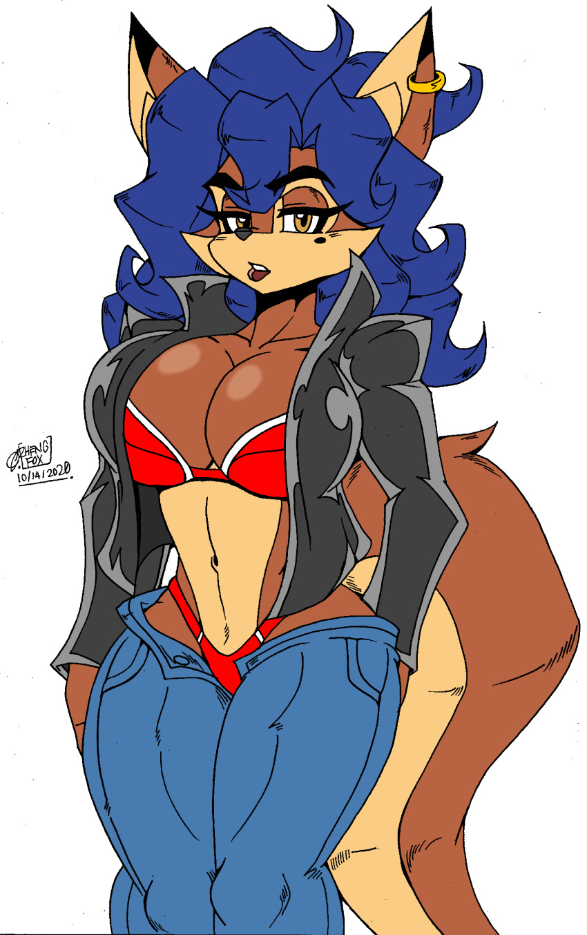 1girls 2020 alternate_costume anthro artist_name beauty_mark big_breasts blue_hair bottomwear bra breasts brown_body brown_eyes canid canine carmelita_fox cleavage clothed clothing curvy_figure denim denim_clothing ear_piercing ear_ring female fox glistening glistening_breasts hair hand_on_hip hi_res jacket jeans jewelry lipstick long_hair looking_at_viewer makeup mammal markings midriff mole_(marking) mole_under_eye navel open_bottomwear open_clothing open_pants open_topwear panties pants piercing red_bra red_clothing red_lipstick red_panties red_underwear ring_piercing signature sly_cooper_(series) solo sony_corporation sony_interactive_entertainment sucker_punch_productions tail thick_thighs topwear unbuttoned unbuttoned_pants underwear visible_underwear voluptuous wide_hips zhengfox