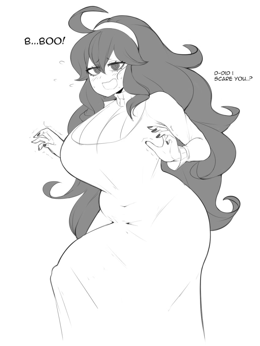 1futa ahoge big_breasts black_and_white black_hair blush bulge bulge_under_clothes chubby clothed clothing dialogue dress embarrassed english_text erection erection_under_clothes fully_clothed futa_only futanari game_freak hairband hex_maniac hi_res highres huge_cock human large_penis long_hair nervous nintendo penis pokemon pokemon_xy sealguy solo solo_futa spiral_eyes standing sweater tenting text turtleneck white_background