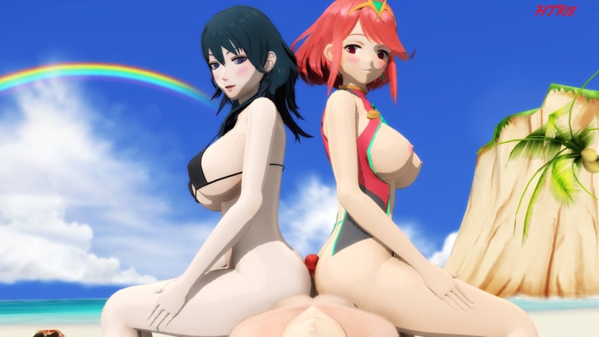 1boy 2girls 3d alternate_costume ass beach bikini bikini_top black_bikini black_swimsuit blue_eyes blue_hair breasts buttjob byleth_(fire_emblem) byleth_(fire_emblem)_(female) core_crystal crossover double_buttjob ear_piercing ejaculation female ffm_threesome fire_emblem fire_emblem:_three_houses htr18 light-skinned_female light_skin lipstick looking_at_partner male male_pov medium_hair nintendo nipples nude ocean one-piece_swimsuit open_mouth outdoor_sex outdoors partially_clothed pov pyra rainbow red_eyes red_hair rex_(xenoblade) sand short_hair sitting_on_person smile straight string_bikini super_smash_bros. swimsuit swimwear threesome water xenoblade_(series) xenoblade_chronicles_2