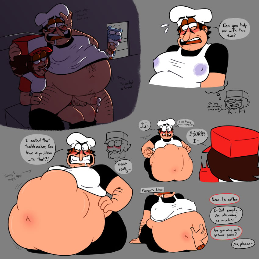 angry angry_face asking_for_help begging belly_bulge belly_button belly_grab big_belly big_breasts big_pecs black_shirt blush bottom_male brick_the_rat cartoony chef chef_hat chubby chubby_male delivery_girl digestion disembodied_hand dominant_female doodle drooling exaggerated fan_character fat_male female gustavo_(pizza_tower) hairy hairy_belly hairy_chest hairy_male hand_on_belly hand_on_head hand_on_table hand_on_waist hips huge_breasts huge_pecs imagining implied_strap-on lactating lifting_shirt looking_through_door male male/female male_lactation male_pred menacing milk_stain milking milking_male moobs nervous nipples_visible_through_clothing oc_x_canon original_character pegging pegging_male peppino_spaghetti pizza_tower sex_toy strap-on strapon submissive_male surprised sweat sweatdrop taking_a_break tears tears_of_pleasure text text_bubble unrealistic_proportions vore vore_belly voyeur voyeurism white_tank_top