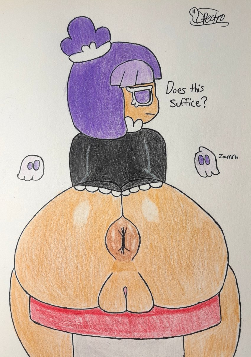 1girls anus artist_name artist_signature ass ass_focus big_ass blackberry_cookie bubble_butt cookie cookie_run cookie_run_kingdom dat_ass donut_anus doughnut female female_only ghost huge_ass looking_back maid maid_uniform presenting presenting_anus presenting_ass puffy_anus puffy_pussy purple_eyes purple_hair sitting spectrodraws thick_ass thick_thighs traditional_media_(artwork) zamn zamn!