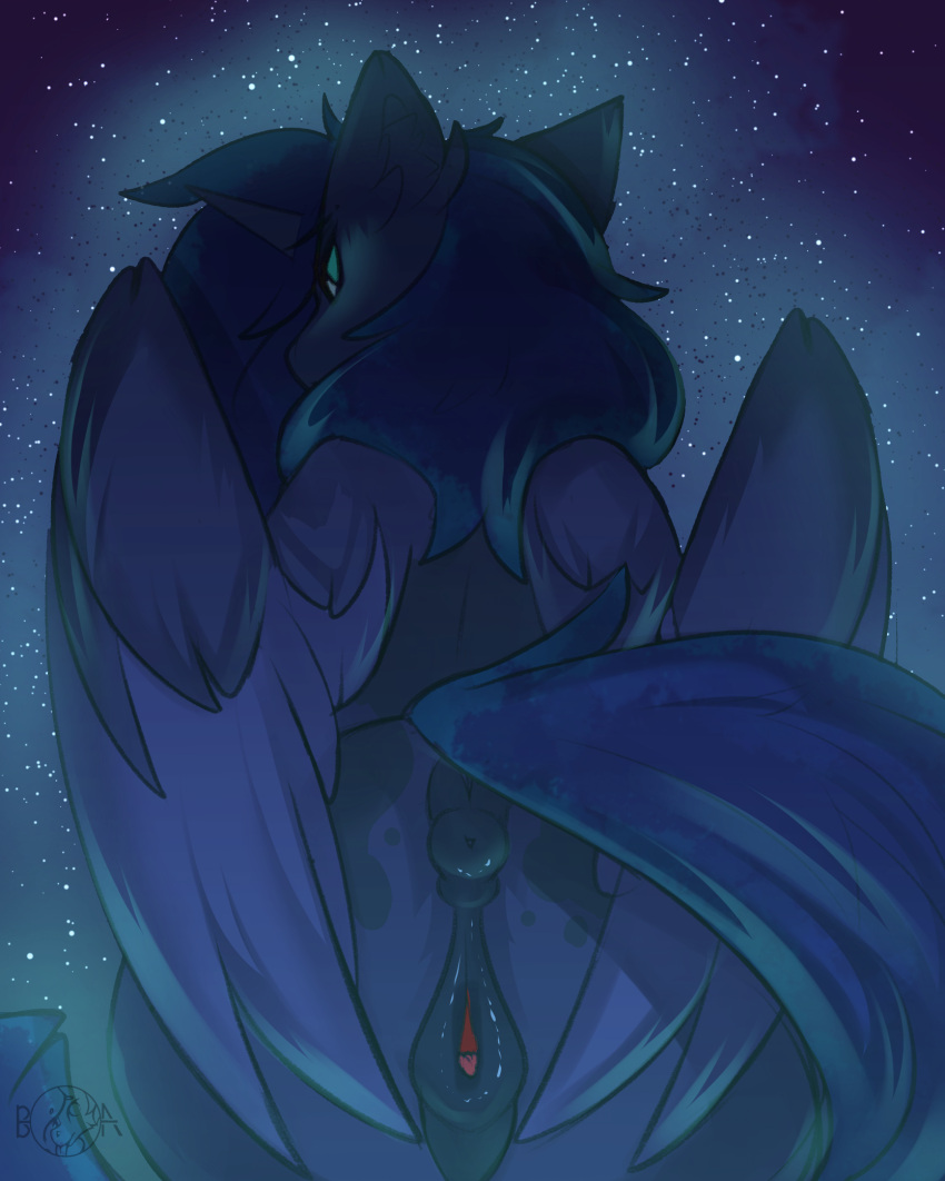 alicorn animal_genitalia animal_pussy anthro anus ass beardie_(artist) blue_body blue_feathers blue_fur clitoris equid equine equine_genitalia feathered_wings feathers female friendship_is_magic fur genitals hair hasbro horn inner_ear_fluff long_hair looking_back mammal my_little_pony ponut princess_luna_(mlp) puffy_anus pussy tail wings