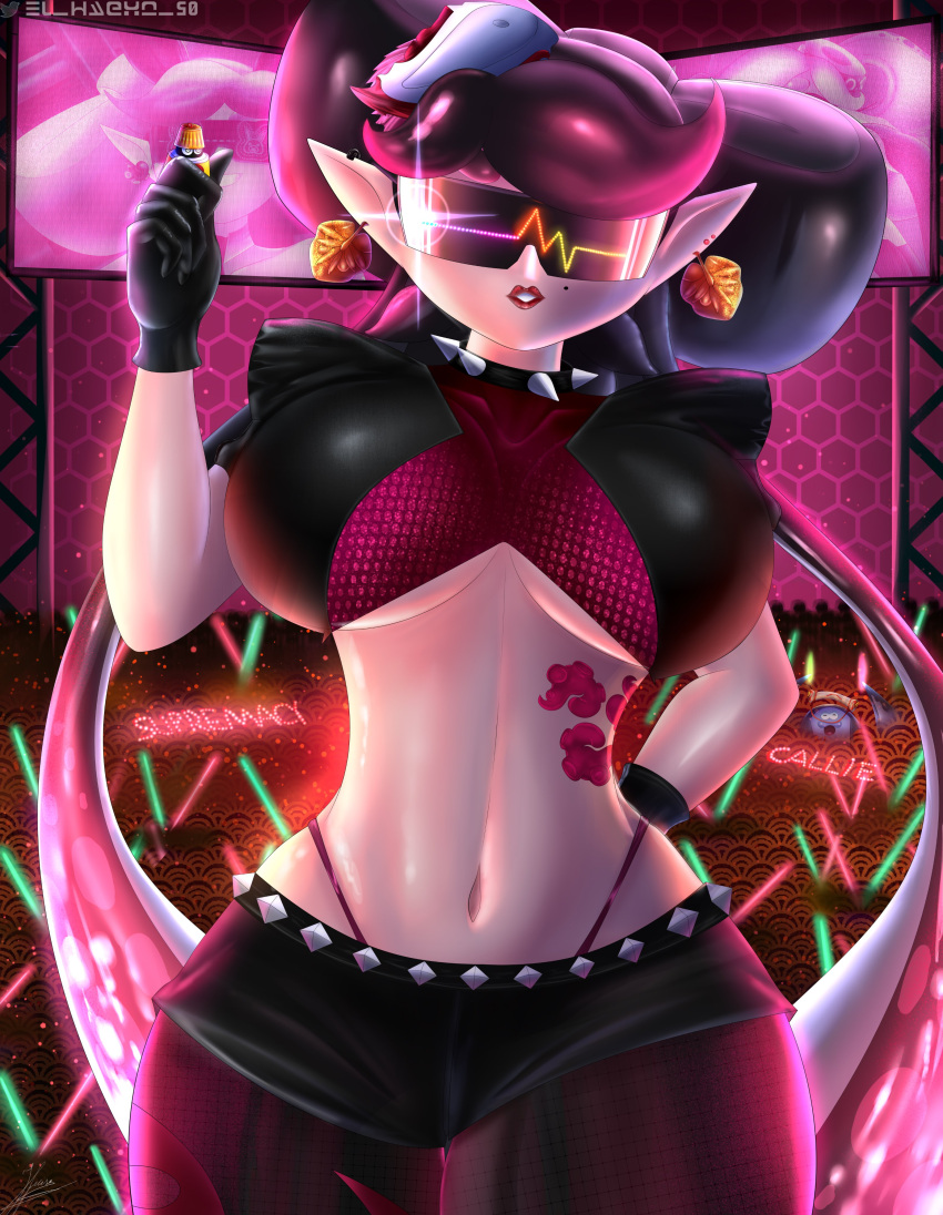 1boy 1girls beauty_mark big_breasts big_man_(splatoon) brainwashing breasts callie_(splatoon) clothed clothing crop_top detailed_background earrings el_macho_20 female gloves hourglass_figure huge_breasts hypno_shades_(splatoon) hypnosis inkling inkling_girl lipstick long_hair looking_at_viewer male mind_control mole octarian_tattoo octo_callie spikes splatoon sunglasses tattoo tech_control thick_thighs thighs tinted_eyewear underboob wide_hips