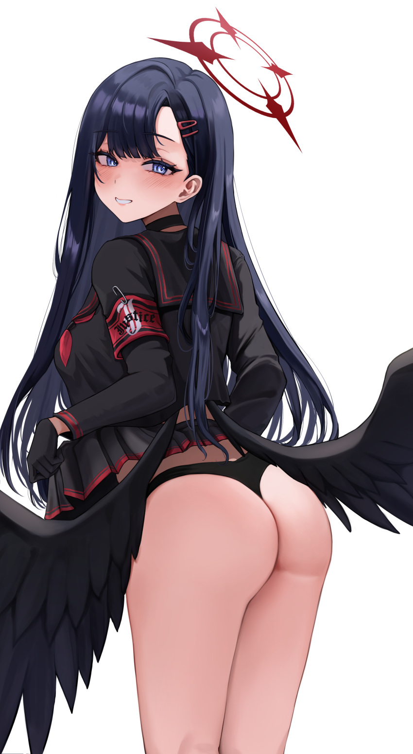 1girls ass black_choker black_hair black_panties black_shirt black_skirt black_wings blue_archive blue_eyes blush breasts fankey feathered_wings from_behind grey_eyes halo ichika_(blue_archive) justice_task_force_(blue_archive) large_breasts long_hair looking_back low_wings pleated_skirt serafuku skirt_pull smile trinity_general_school_student white_background wings