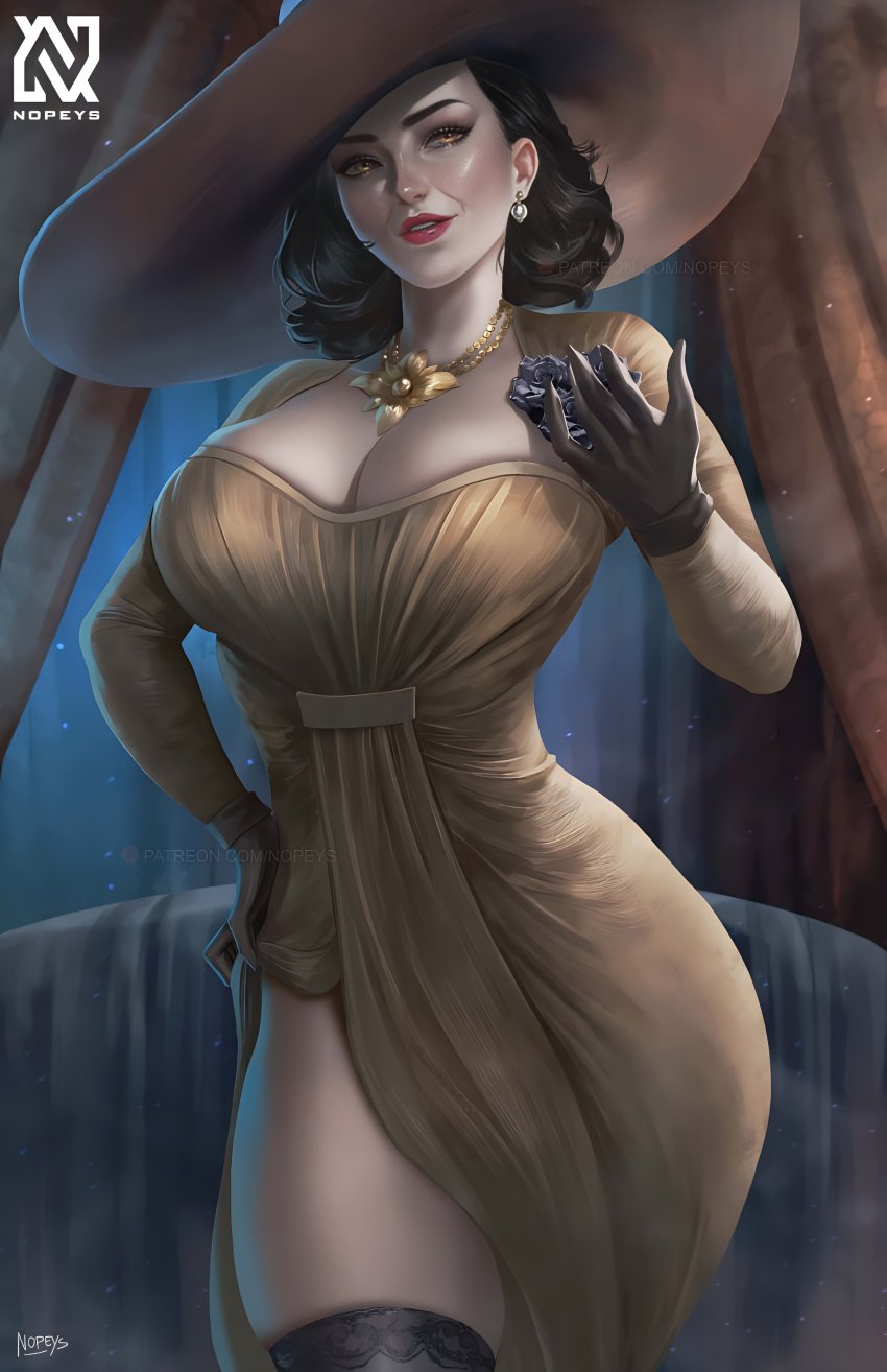 1girls 2021 2021s alcina_dimitrescu big_breasts black_gloves black_hair black_legwear blush capcom cleavage clothing detailed detailed_background digital_drawing_(artwork) dress dress_lift earring female female_focus female_only flower_on_chest hand_on_flower hat highres jewelry legwear lipstick looking_at_viewer mature_female necklace nopeys pulling_dress_down red_lipstick resident_evil resident_evil_8:_village solo thick_thighs thighhighs thighs vampire vampire_girl white_dress white_skin wide_hips window yellow_eyes