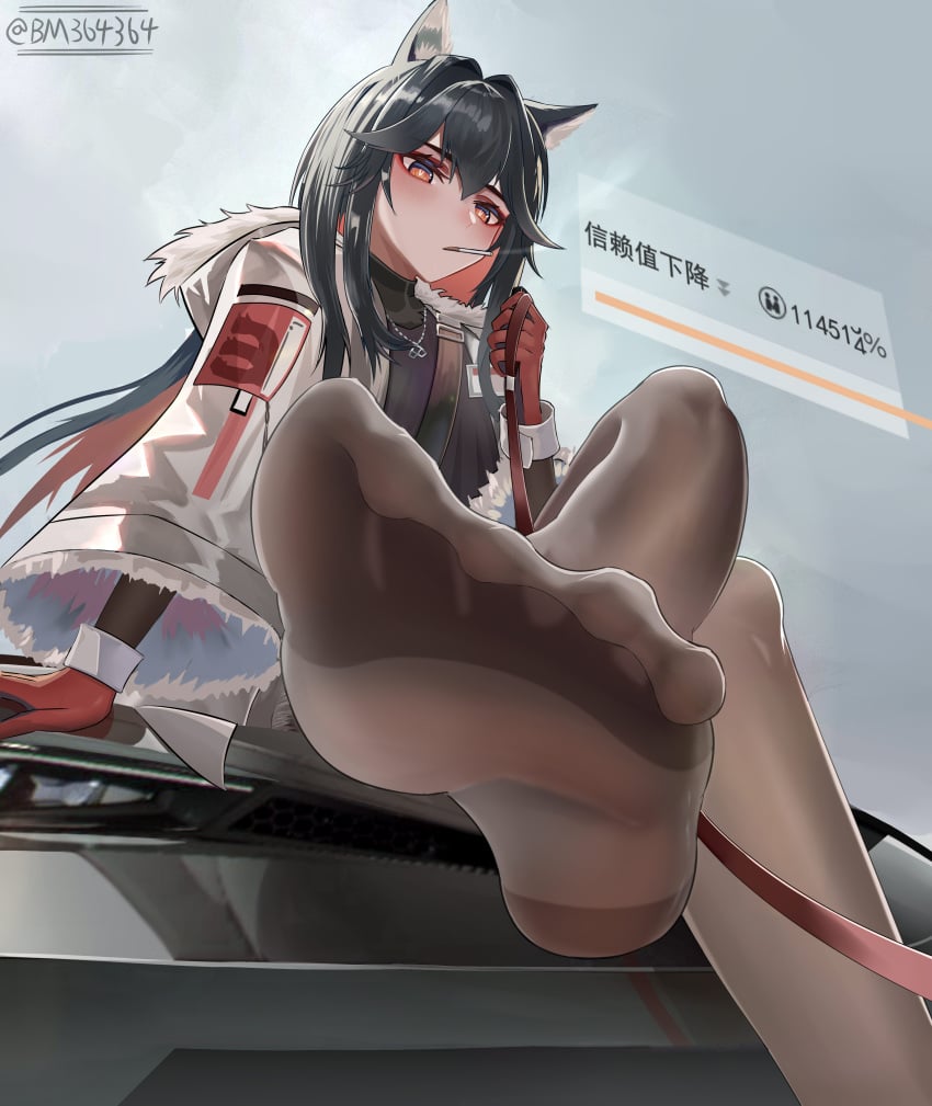 1girls 2023 arknights black_hair bm364364 cigarette feet feet_up foot_fetish hi_res leash legwear looking_at_viewer looking_down orange_eyes pantyhose sitting solo texas_(arknights) toes wolf_ears wolf_girl