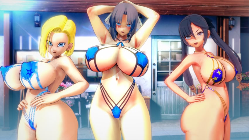 3girls android_18 bikini breasts codeyumi dragon_ball female_only genshin_impact huge_breasts mona_(genshin_impact) multiple_girls plump senran_kagura thick_thighs yumi_(senran_kagura)