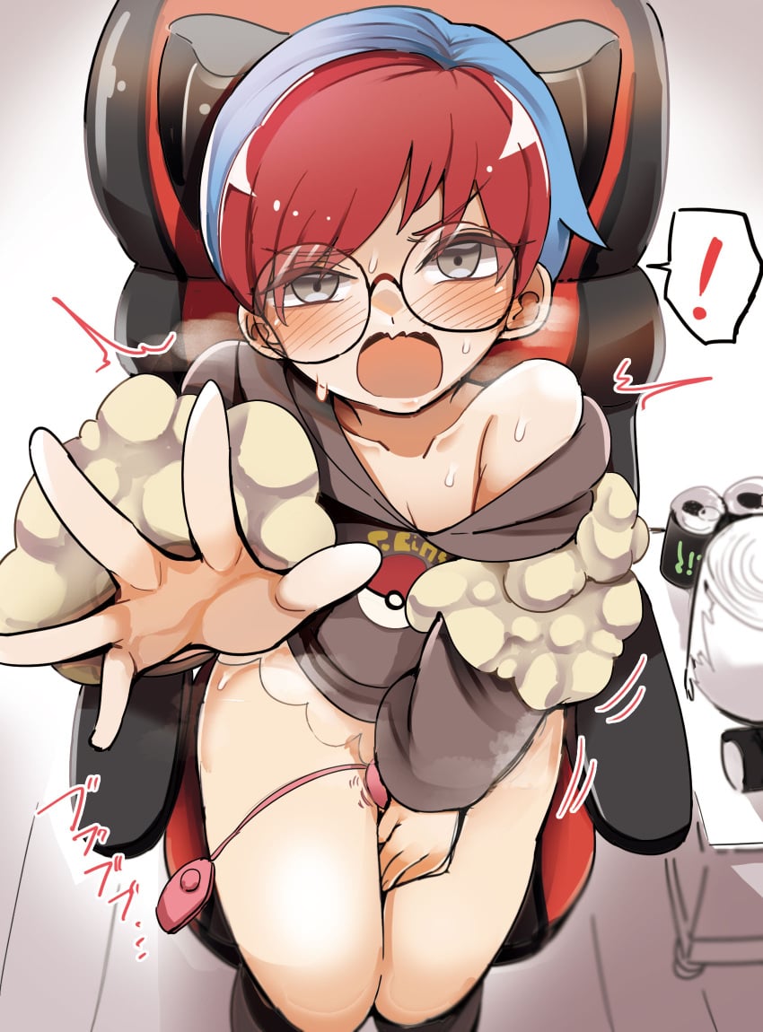 ! :o blue_hair blush bottomless can chair collarbone commentary_request diz_(diznaoto) female fur_trim glasses grey_eyes highres hood hoodie indoors looking_at_viewer multicolored_hair off_shoulder open_mouth penny_(pokemon) poke_ball_print pokemon pokemon_(game) pokemon_sv red_hair round_eyewear sex_toy short_hair sitting solo spoken_exclamation_mark spread_fingers sweat tongue trembling two-tone_hair vibrator