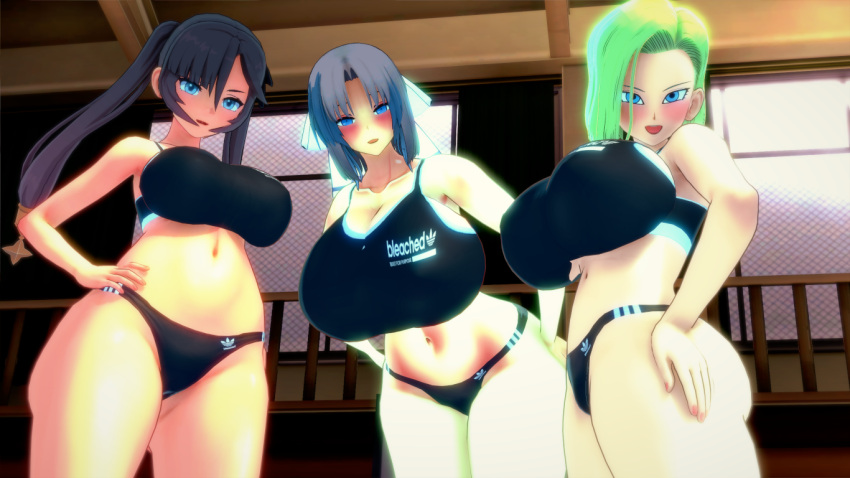 android_18 breasts codeyumi dragon_ball genshin_impact gym_uniform huge_breasts marvelous mihoyo mona_(genshin_impact) senran_kagura thighs yumi_(senran_kagura)