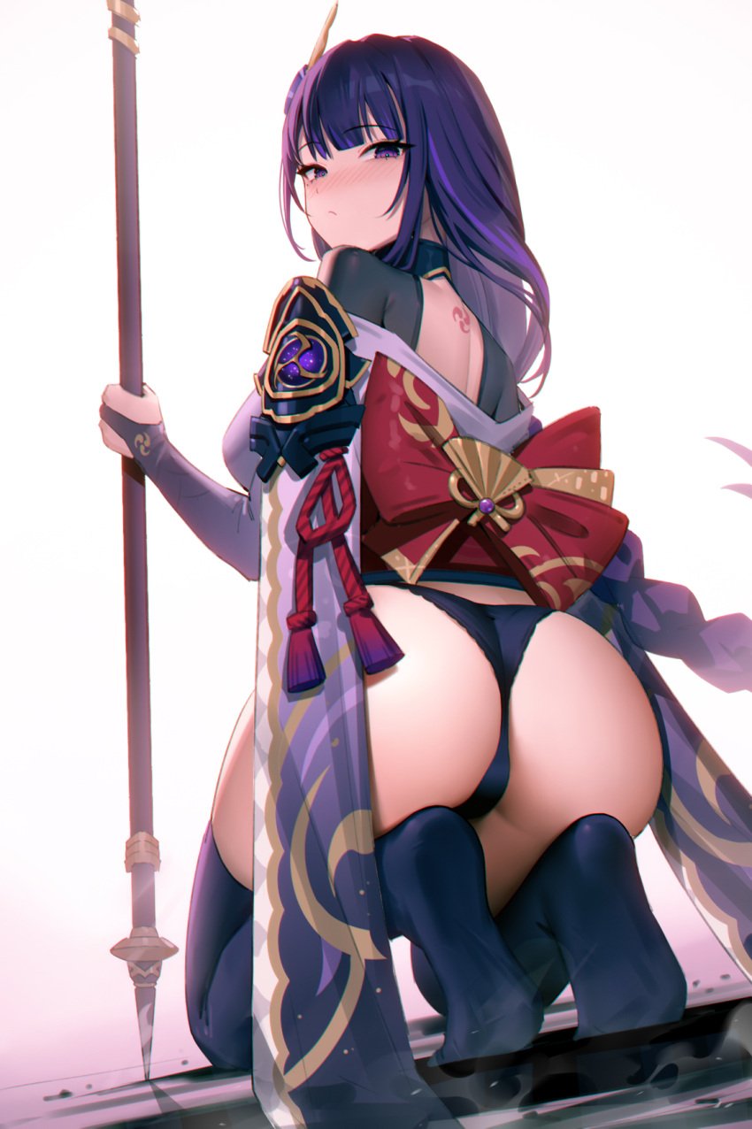 95--- :/ armor ass back_tattoo black_panties black_thighhighs blush braid braided_ponytail breasts bridal_gauntlets closed_mouth female from_behind genshin_impact highres holding holding_polearm holding_weapon japanese_clothes kneeling large_breasts long_hair looking_back mitsudomoe_(shape) mole mole_under_eye no_shoes obi panties polearm purple_eyes purple_hair raiden_shogun sash shoulder_armor sitting solo tassel tattoo thighhighs tomoe_(symbol) underwear very_long_hair weapon