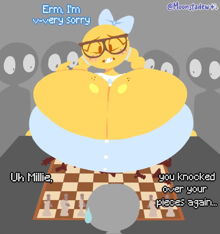 anthro blush_stickers bow braces breasts buckteeth bursting_breasts buttons chess chess_piece cleavage clothed embarrassed emoji emoji_(race) english english_text female freckles freckles_on_breasts glasses huge_breasts hyper_breasts hyper_problems millie_(moonraige) moonraige moonstadew nerd nerd_emoji nerd_emoji_girl nerdy_female no_outlines pigtails public public_domain shy text twin_braids yellow_body yellow_skin