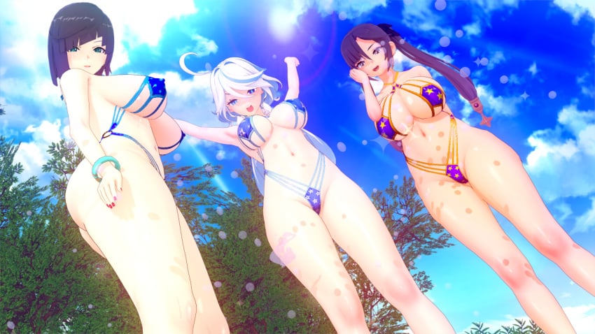 3girls bikini breasts codeyumi furina_(genshin_impact) genshin_impact mona_(genshin_impact) multiple_girls thick_thighs thighs yelan_(genshin_impact)