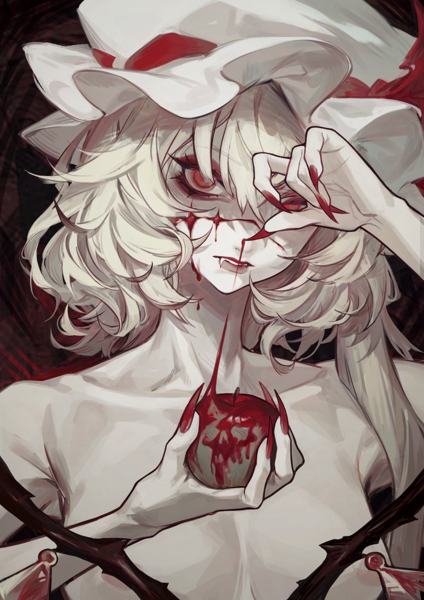 apple blood cut facial_scar fangs flandre_scarlet hat injury joker_(stjoker) naked naked_female nude nude_female red_eyes touhou white_hair white_skin wounded wounds