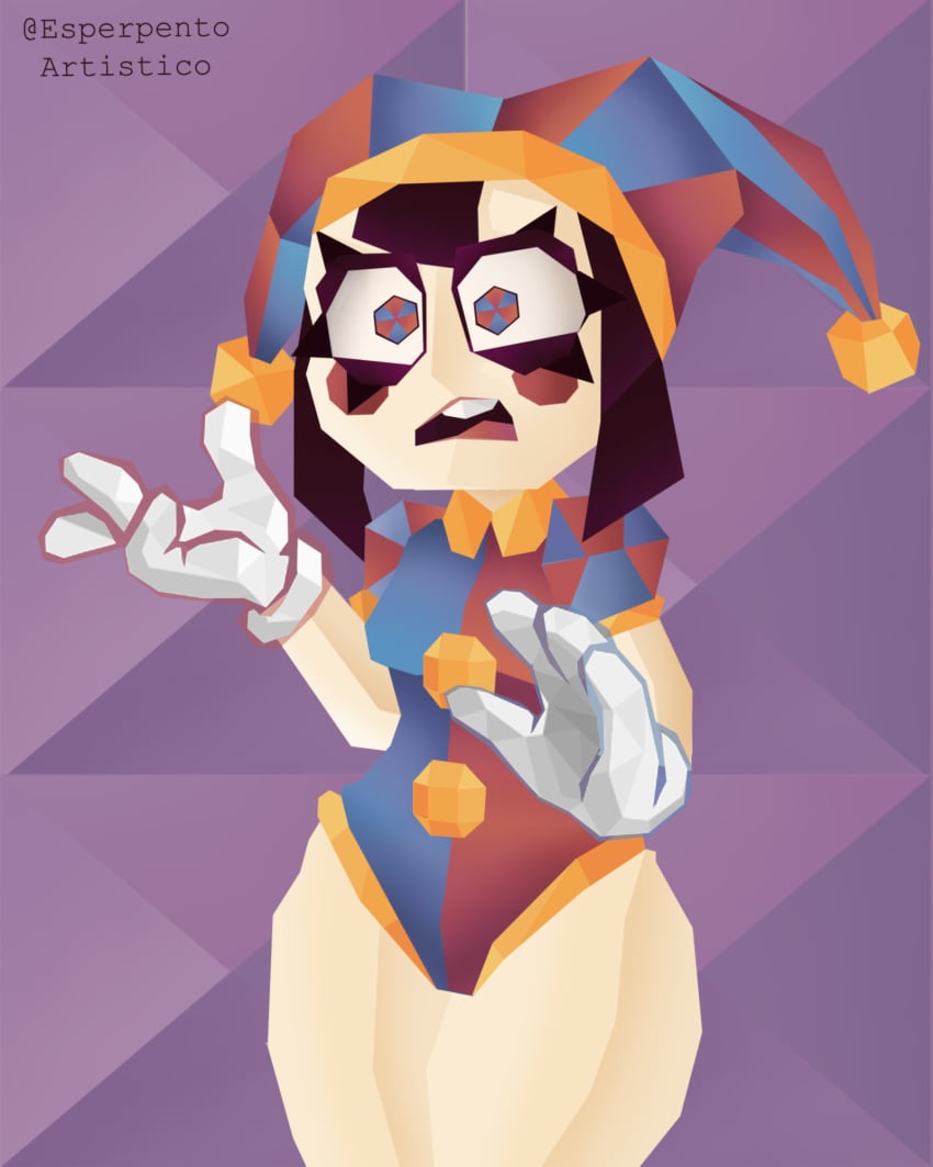 2023 2d 2d_(artwork) 2d_artwork costume cute digital_drawing_(artwork) female glitch_productions gloves gooseworx jester jester_hat looking_at_viewer low-poly low_poly nervous pomni pomni_(the_amazing_digital_circus) short_hair small_breasts smaller_female submissive submissive_female the_amazing_digital_circus thighs uwu