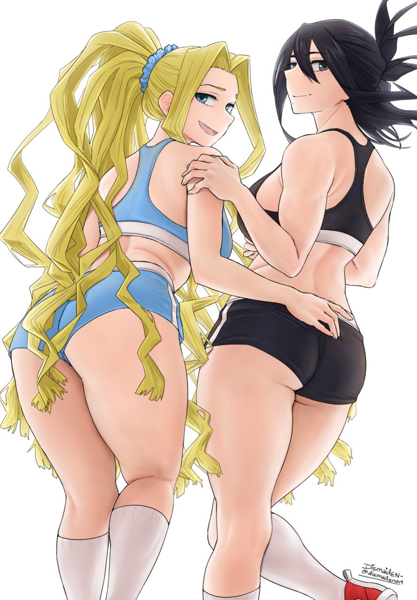 2girls all_might's_mother artist_signature ass back_view bangs beauty_mark black_hair blonde_hair blue_eyes clothing dismaiden female female_only grey_eyes hi_res light-skinned_female looking_at_viewer looking_back milf my_hero_academia nana_shimura short_hair shorts smile sports_bra tied_hair tight_clothing very_long_hair white_background