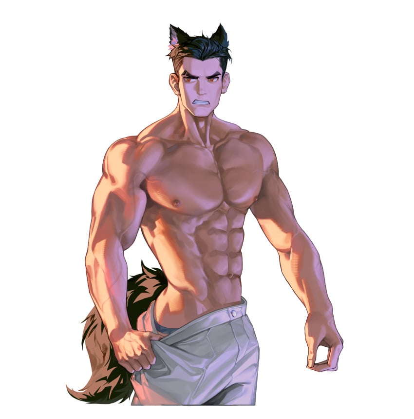 1boy 2023 angry bara bara_tits barazoku black_hair dog_boy dog_ears dog_tail gay hi_res highres male male_focus male_nipples male_only manly muscular muscular_male nanyu1998 nipples solo solo_male yaoi