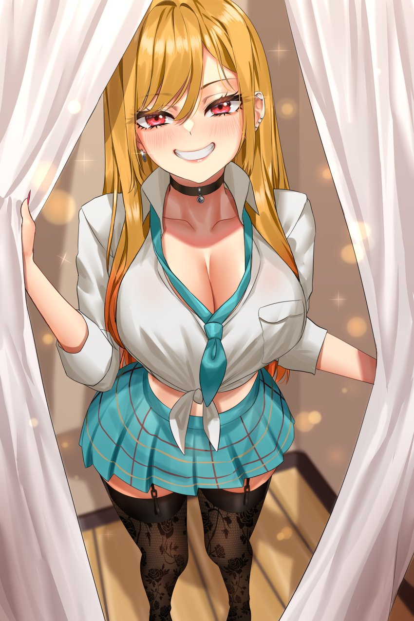 big_breasts black_choker blonde_hair blush choker cleavage enmanuelart20 fitting_room kitagawa_marin looking_at_viewer naughty_face skirt smile smiling smiling_at_viewer solo sono_bisque_doll_wa_koi_wo_suru thick_thighs thighhighs