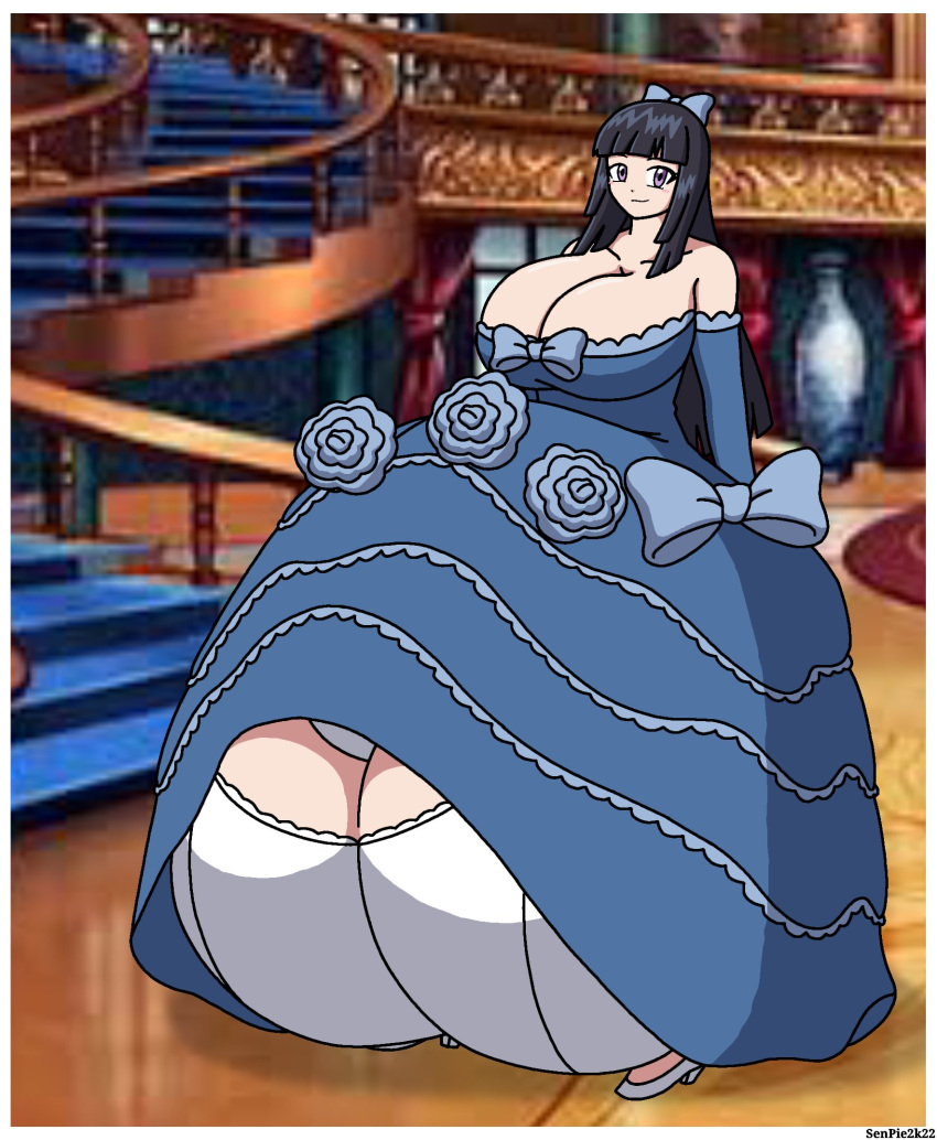 1futa alternate_version_available ball_bra balls balls_bigger_than_head balls_bigger_than_torso balls_on_floor balls_under_clothes balls_under_skirt bangs big_breasts black_hair breasts clothed clothing dress futa_only futanari human hyper hyper_balls light-skinned_futanari light_skin long_hair looking_at_viewer mostly_clothed princess solo solo_futa standing tagme verykinkypie