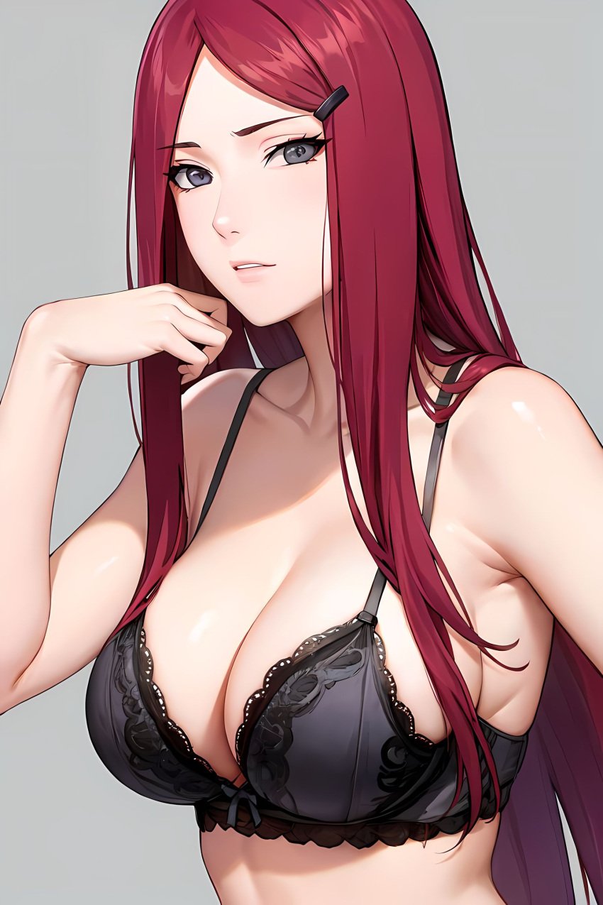 1girls ai_generated arm_behind_back big_breasts black_bra blush bra breast_press breasts cleavage collarbone front_view hair_ornament hairclip huge_breasts lingerie looking_at_viewer mature mature_female milf mimi_ai mother nail_polish naruto naruto_(series) naruto_shippuden panties pinup playing_with_hair red_hair smile smiling smiling_at_viewer solo stable_diffusion underwear underwear_only upper_body uzumaki_kushina very_long_hair voluptuous