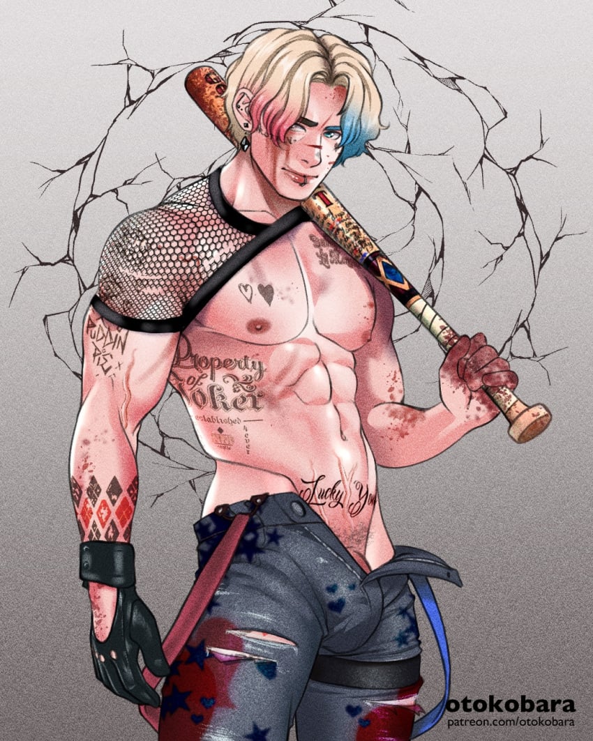 1boy abs baseball_bat biceps blonde_hair blue_eyes chest dc dc_comics earrings genderbend genderbent genderswap_(ftm) gloves harley_quinn male_focus male_only nipples open_pants otokobara pants pecs pectorals pierced_lip piercing pubic_tattoo tattoo tattoo_on_arm tattoo_on_belly tattoo_on_chest tattooed_arm tattoos triceps tshirt vein veins veiny_muscles veiny_penis