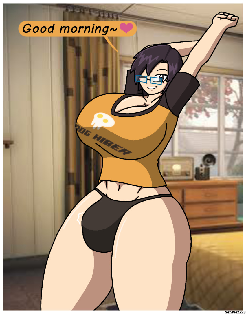 1futa alternate_version_available big_breasts black_hair breasts clothed clothing futa_only futanari glasses good_morning huge_breasts human hyper light-skinned_futanari light_skin looking_at_viewer partially_clothed short_hair solo solo_futa standing tagme verykinkypie