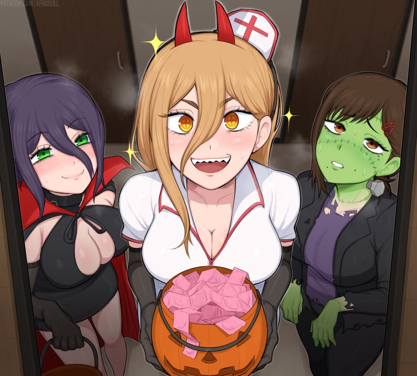 3girls afrobull black_hair blonde_hair chainsaw_man condom condom_packet_strip condom_wrapper female female_only frankenstein_costume gloves green_eyes halloween halloween_costume higashiyama_kobeni multiple_girls nurse nurse_cap nurse_hat nurse_uniform pale-skinned_female power_(chainsaw_man) reze_(chainsaw_man) shounen_jump vampire_costume