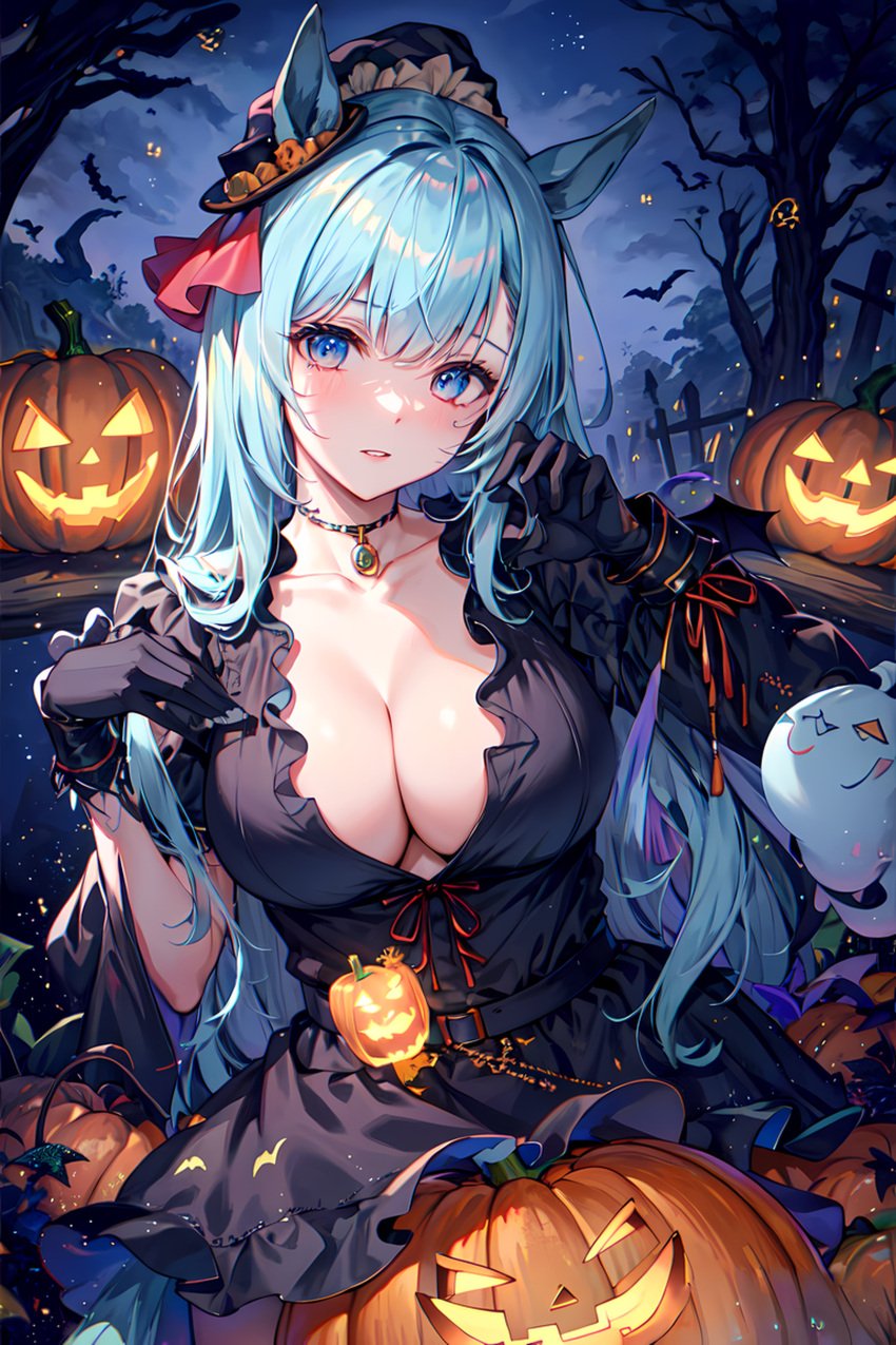 ai_generated animal_ears blue_hair breasts cleavage_dress female half_ponytail halloween_costume light_blue_hair long_hair mejiro_ardan_(umamusume) princess purple_eyes umamusume umamusume_pretty_derby