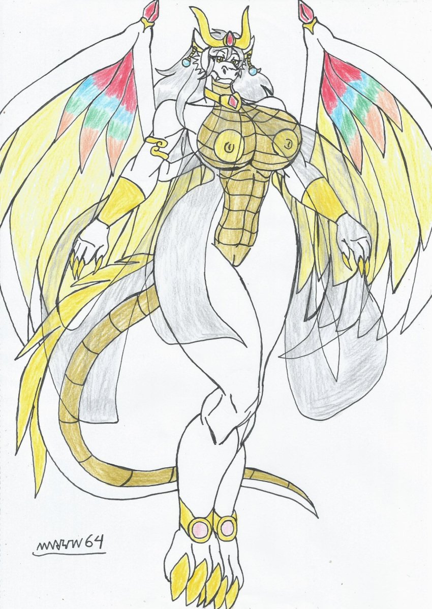 anthro big_breasts big_hips claws dragon_girl dragon_humanoid earrings goddess gold_(metal) gold_eyes gold_jewelry gold_nipples holy_dragon holy_woman marlon64 naked_female naked_jewelry silver_hair solo_female traditional_drawing_(artwork) veil white_background white_scales winged_humanoid wings