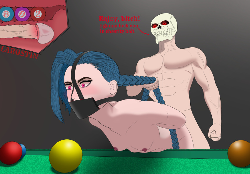 1boy 1boy1girl 1girls balls blue_hair bondage braid color cum cum_in_pussy cum_inside english_text gag gagged grey_background jinx_(league_of_legends) larostin larostin_802-a league_of_legends muscular muscular_male object_in_ass object_insertion pink_eyes pool_table red_eyes skull small_breasts text white_body x-ray