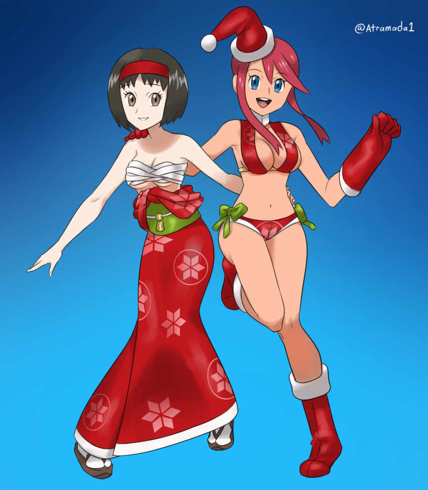 2girls alternate_costume atramada1 bare_legs bare_shoulders black_hair blue_eyes bra breasts brown_eyes chest_sarashi christmas cleavage dark-skinned_female dark_skin erika_(pokemon) female female_only gloves hand_on_shoulder hat holiday_erika_(pokemon_masters) holiday_skyla_(pokemon_masters) legs looking_at_viewer medium_breasts multiple_girls official_alternate_costume open_mouth panties pokemon pokemon_bw pokemon_masters pokemon_rgby red_hair red_panties revealing_clothes sarashi shoulders sideboob skirt skyla_(pokemon) smile underboob underwear