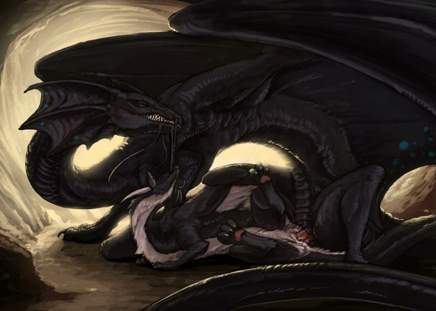 backlighting barbel_(anatomy) bite biting_another black_body black_fur black_scales cave digital_media_(artwork) digital_painting_(artwork) dragon duo feathered_wings feathers feet feet_up female feral flamespitter frill_(anatomy) fur furred_dragon genitals grimace horn inside light lighting lying male male/female membrane_(anatomy) membranous_frill membranous_wings on_side pawpads penetration penis pussy scales scalie sex size_difference teeth temeraire vaginal_penetration vaginal_penetration western_dragon whiro white_body white_fur wings