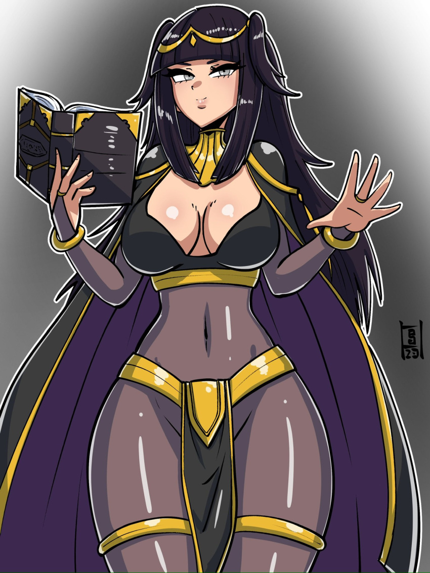 1girls black_cape black_hair blunt_bangs bodystocking book breasts bridal_gauntlets cape choker cleavage commission covered_navel curvy dot_nose female female_only fire_emblem fire_emblem_awakening gold gradient_background grey_eyes highres holding holding_book large_breasts long_black_hair long_hair looking_at_viewer nintendo nude pelvic_curtain purple_cape sidelocks solo terrybrogard tharja_(fire_emblem) thighlet tiara two-tone_cape two_side_up yellow_choker