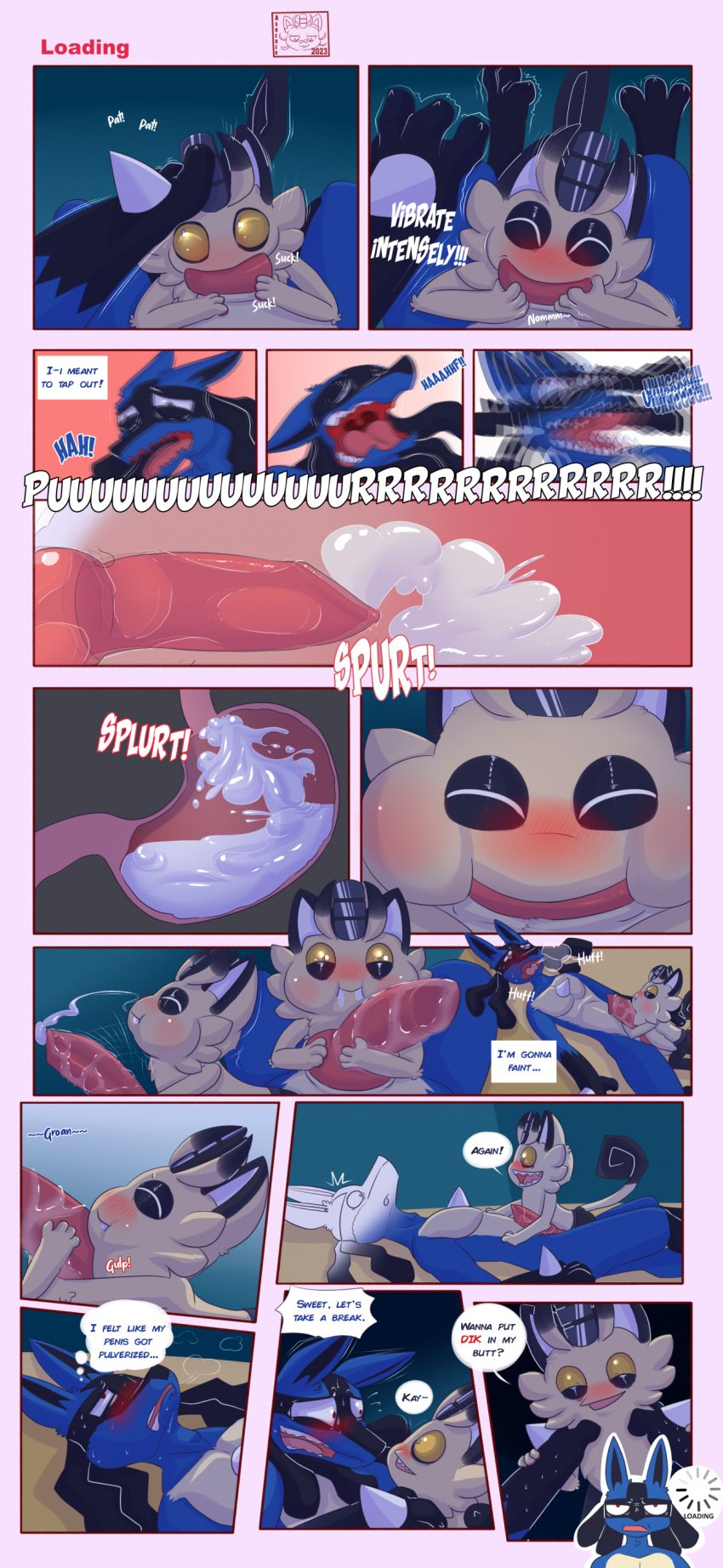 absurd_res after_sex asderzx blush bodily_fluids comic cum cum_in_mouth cum_inside deep_throat dialogue drooling duo excessive_cum excessive_genital_fluids exhaustion fellatio galarian_form galarian_meowth gaspar_(asderzx) gay generation_4_pokemon genital_fluids hi_res knot lucario male male/male meowth nintendo oral penile pokemon pokemon_(species) regional_form_(pokemon) saliva sex sweet_(asderzx)