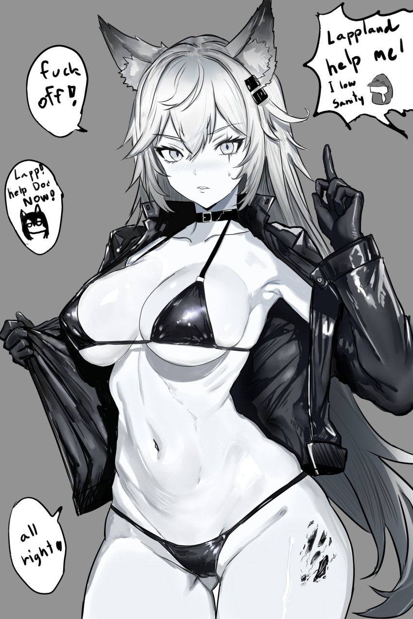 1girls 2023 animal_ear_fluff animal_ears arknights belly belly_button big_breasts bikini black_and_white blush bra breasts choker collarbone doctor_(arknights) english_text gladiusfon gloves hi_res jacket_open kemonomimi lappland_(arknights) looking_at_viewer navel panties removing_clothing simple_background skimpy_bikini solo taking_clothes_off texas_(arknights) text wolf_ears wolf_girl