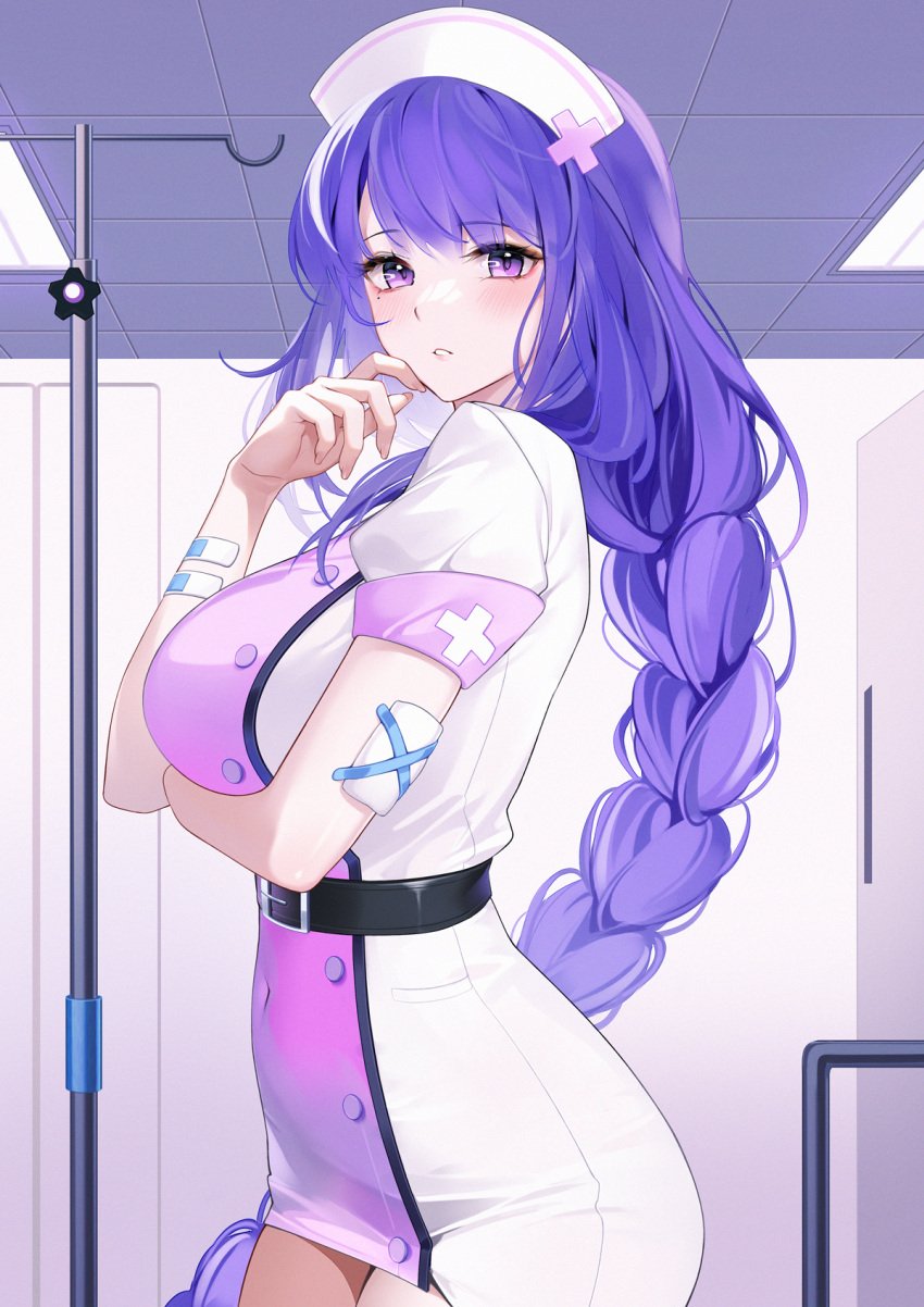 1girls bandages braided_ponytail breasts dress genshin_impact iv_stand large_breasts looking_at_viewer mole mole_under_eye nurse nurse_cap nurse_uniform ponytail purple_dress purple_eyes purple_hair raiden_shogun two_tone_dress uosaasou white_dress