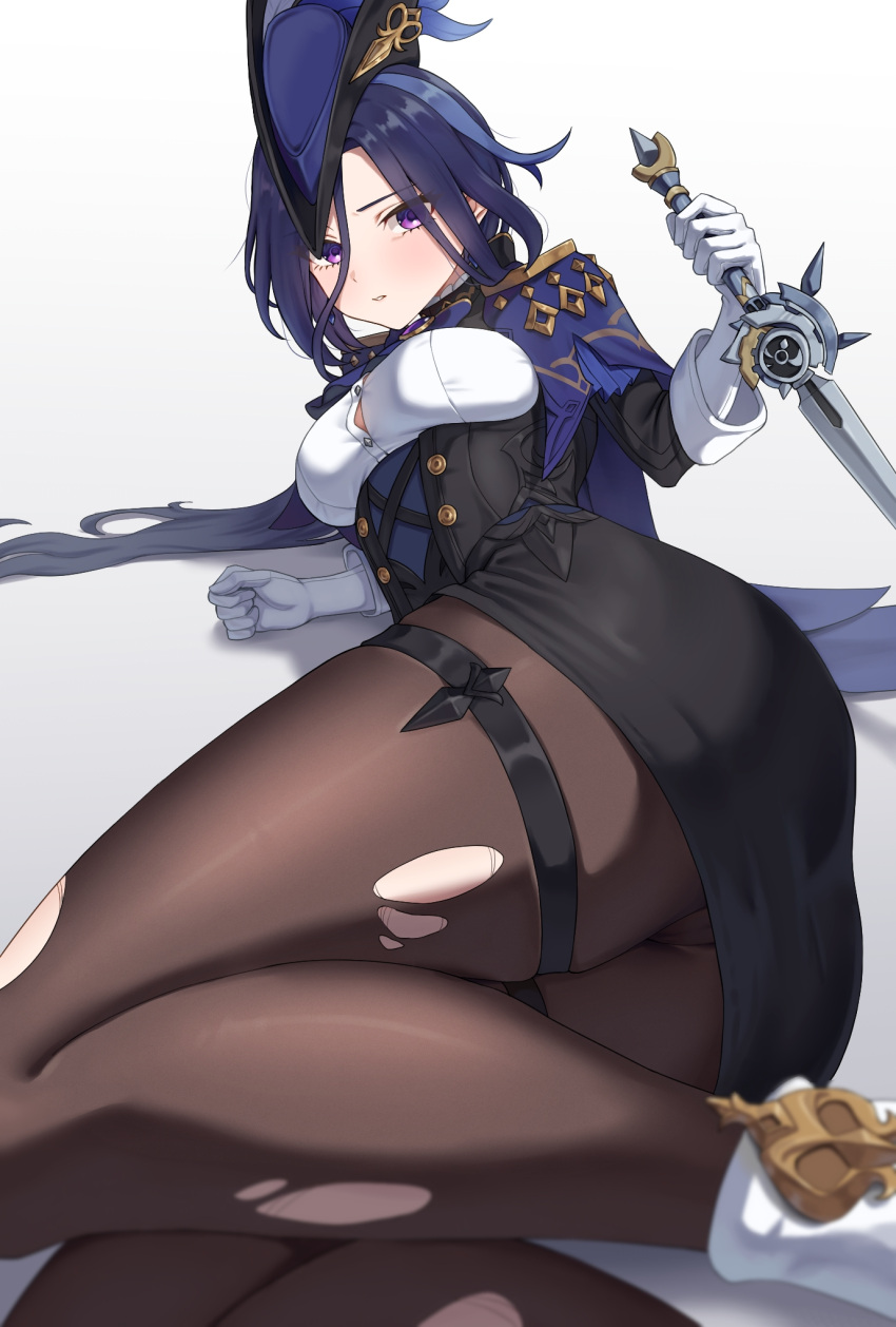 1girls ascot ass ass_focus black_corset black_pantyhose blue_ascot blue_cape blue_hair blue_headwear blush breasts button_gap cape clorinde_(genshin_impact) corset dangle_earrings dark_blue_hair earrings epaulettes female female_only fold-over_gloves foot_out_of_frame full_body genshin_impact gloves gradient_background hand_up hat highres holding holding_sword holding_weapon huge_ass iron_sting_(genshin_impact) jewelry kadokadokado knees_up legs_together long_hair looking_at_viewer lying medium_breasts on_side pantyhose parted_lips pencil_skirt purple_eyes reclining sidelocks skindentation skirt solo sword thick_thighs thigh_strap thighs torn_clothes torn_pantyhose tricorne weapon white_background white_gloves