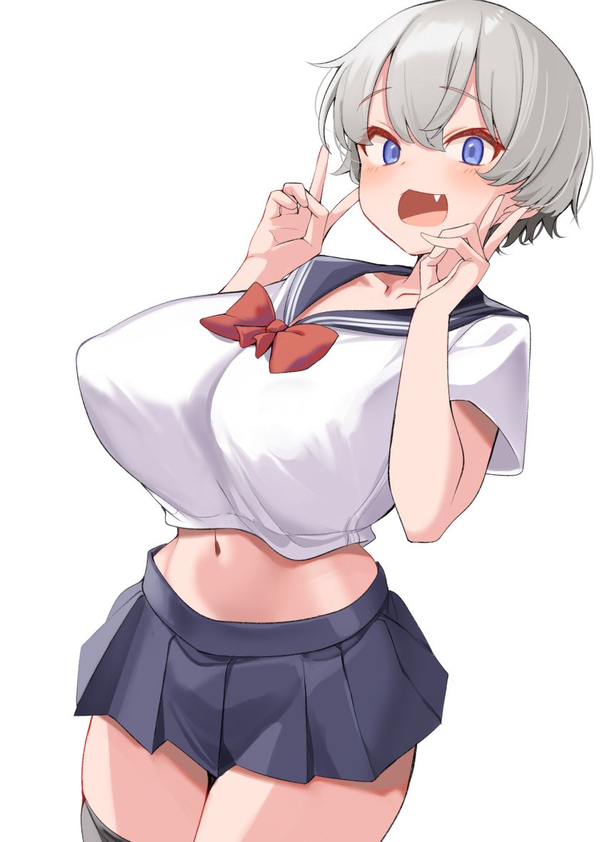 1girls ass big_ass big_breasts blue_eyes female grey_hair huge_breasts huge_thighs karatakewari large_breasts pale-skinned_female pale_skin school_uniform short_gray_hair short_hair thick_thighs thighs uzaki-chan_wa_asobitai! uzaki_hana white_background wide_hips