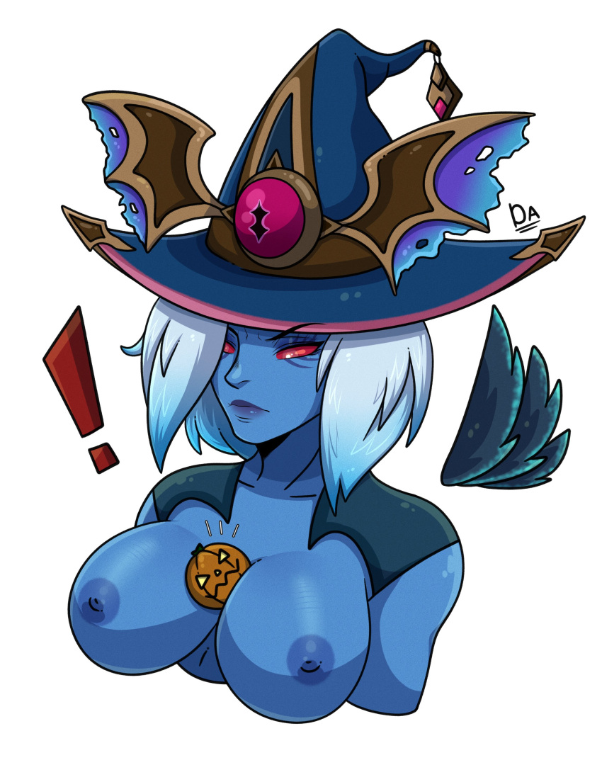 2023 2d 2d_(artwork) ashen_hair blue_skin breasts dainerissindra dota dota_2 exclamation_mark hat hi_res highres nipples pumpkin red_eyes shendelzare valve vengeful_spirit wings