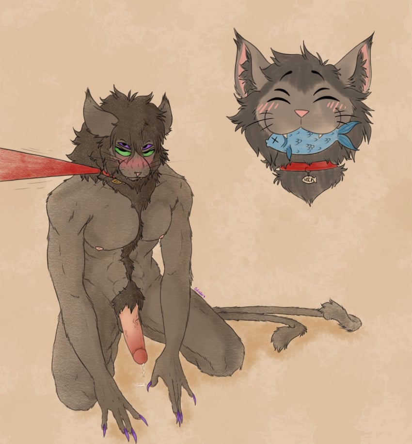 2_tails 4_eyes anthro balls blush body_hair closed_eyes collar completely_nude completely_nude_male demon domestic_cat erection felid feline felis genitals happy_trail hi_res humanoid_genitalia humanoid_penis leash leash_pull leashed_collar male mammal multi_eye multi_tail nick_nocturne night_mind nipples nude owliellder penis petplay simple_background smile solo tail whiskers wholesome