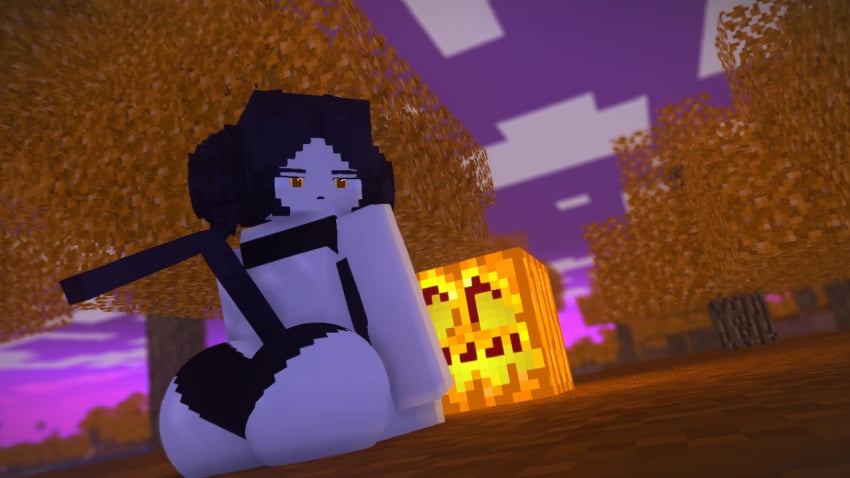 ass autumn big_ass big_breasts big_butt bikini black_hair breasts cat_(minecraft) cat_tail catgirl girl_only huge_ass huge_butt jack-o-lantern looking_at_viewer minecraft mystic100 orange_eyes pumpkin twintails