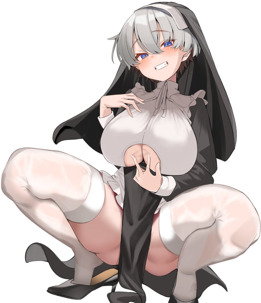 1girls ass big_ass blue_eyes female grey_hair huge_breasts huge_thighs karatakewari large_breasts nun nun's_habit nun_outfit short_hair thick_thighs thighs uzaki-chan_wa_asobitai! uzaki_hana white_background wide_hips